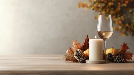 Aufkleber - A candle and a wine glass are on a table with autumn leaves. The scene is warm and inviting, with the candle providing a cozy atmosphere