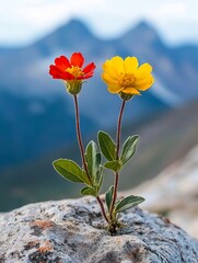 Wall Mural - Two yellow and red flowers on a rock with mountains in the background