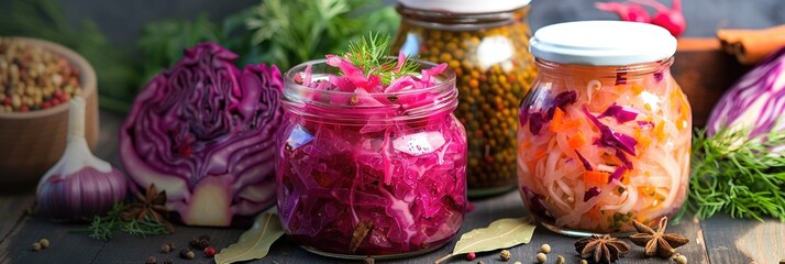 Canvas Print - Homemade sauerkraut in a glass jar with its bright red juice, showcasing a budget-friendly vegetable salad and a fresh vegetarian dish made with cabbage, beetroot, bay leaf, and allspice.