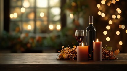 Poster - A bottle of red wine and a wine glass are on a table with candles. The candles are lit and the wine is ready to be poured. The scene is set for a romantic dinner or a cozy night in