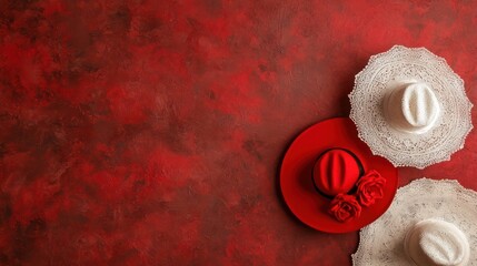 Aufkleber - A red background with hats and roses on it