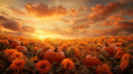 Poster - A field of pumpkins with a beautiful sunset in the background. Scene is warm and inviting, with the bright orange pumpkins and the soft colors of the sunset creating a sense of comfort and coziness