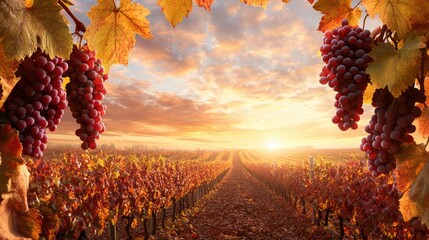 Poster - A field of grapes with a beautiful sunset in the background. The grapes are ripe and ready to be picked