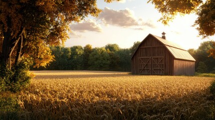 Aufkleber - A rustic barn sits in a field of golden wheat. The barn is old and has a lot of character. The scene is peaceful and serene, with the barn and the wheat fields creating a sense of calm and tranquility