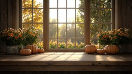 Poster - A window with a view of trees and a table with pumpkins and flowers. Scene is warm and inviting