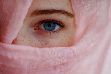 Poster - Close-up of a woman’s face half-covered by a pink fabric, emphasizing her blue eye and fair skin