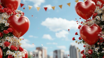 Poster - A bouquet of red hearts and yellow and red flags are hanging from a tree. The flowers are surrounded by a blue sky