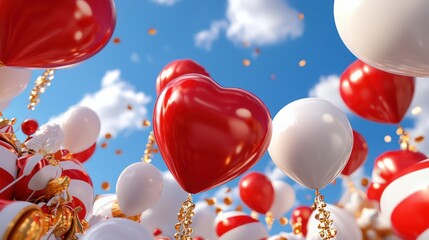 Poster - A bunch of red and white balloons with a heart in the middle. The balloons are floating in the air and the sky is blue
