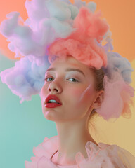 Wall Mural - Fashion model with pastel cloud-like hair and vibrant makeup. Dreamy and artistic fashion portrait with a blend of soft and bold colors.