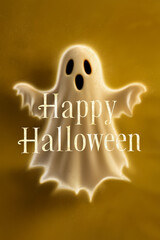 Wall Mural - ghost with happy halloween text poster with plain background 