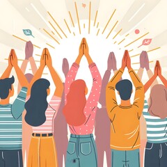 All young people hands raised worship prayer looking flat vector illustration