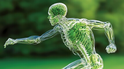 A dynamic, translucent figure representing athleticism and vitality, showcasing a blend of nature and movement.