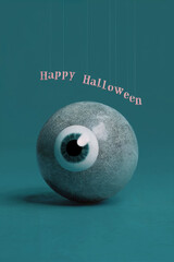 Wall Mural - 3d eye with happy halloween text isolated on plain background
