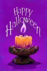 Wall Mural - 3d candle flame poster with happy halloween text and plain background 