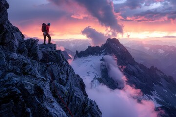 Poster - A person standing at the summit of a mountain with breathtaking scenery in the background