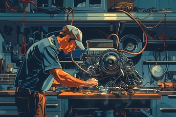 Poster - A mechanic analyzes data and works on an engine repair in a well-equipped automotive workshop, ensuring optimal performance and safety for vehicles. Generative AI