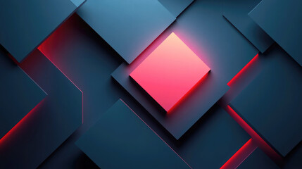 Poster - Abstract 3D geometric design with overlapping blue squares and one glowing red square in the center, creating a modern vivid visual effect.