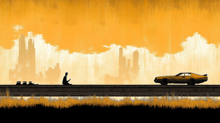 Wall Mural - Yellow Car in Abstract Cityscape