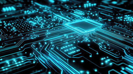 Poster - Close-up view of a futuristic blue circuit board with glowing lines and dots, showcasing the complexity and intricacy of modern technology.