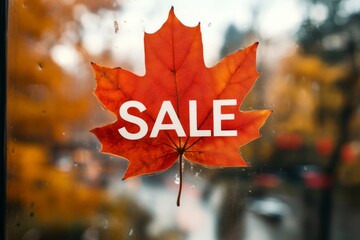 'A vibrant red maple leaf is stuck to a glass window, with 'sale' written in white letters, set against a blurred autumn landscape illustration.'