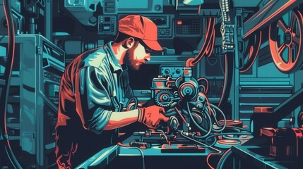 Poster - A mechanic repairs an engine and conducts a computer diagnosis in a well-equipped workshop, focusing on vehicle maintenance and troubleshooting. Generative AI