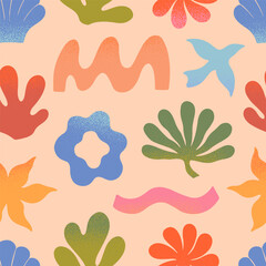 Wall Mural - vector summer nature artistic seamless pattern with hand drawn palm,sun,coral,seashell,wave.trendy d