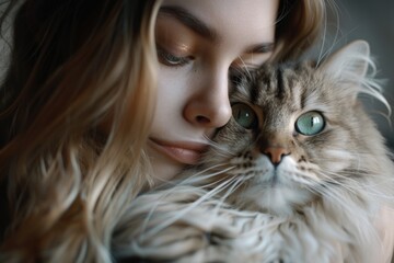 Wall Mural - A woman cuddles a cat in her arms, showcasing affection and companionship