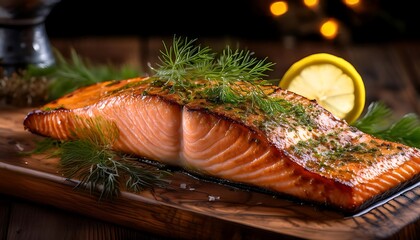 Grilled Salmon with Dill and Lemon on Wooden Board