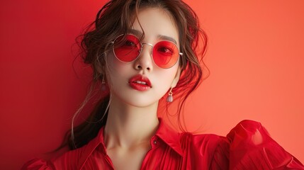 Wall Mural - A Stylish Korean Woman Rocking Red Sunglasses and Posing Against a Vibrant Red Background 