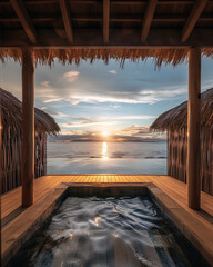 A serene wooden pool deck overlooking the ocean at sunset, with thatched roofs and calm waters. A minimalist tropical escape for relaxation and luxury.