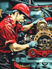 Poster - A mechanic conducts a thorough computer diagnosis on a vehicle and works diligently on engine repairs, focused on precision and efficiency. Generative AI