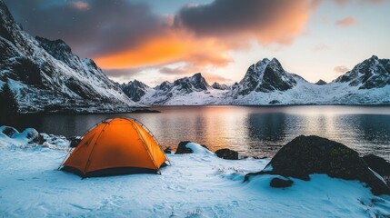 Wall Mural - Mountains Snow. Camping Adventure in Lofoten with Aurora Sky and Sea View