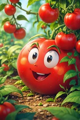 Close-Up Portrait of a Cartoon Tomato in the Garden with a Message about the Benefits of Healthy Eating and Vitamins