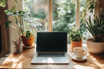 Simple, clean workspace with a laptop and a cup of coffee