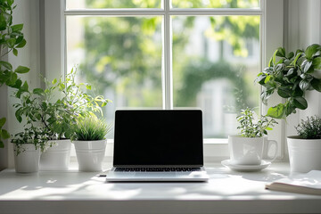 Simple, clean workspace with a laptop and a cup of coffee