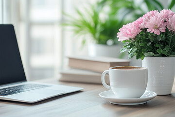 Simple, clean workspace with a laptop and a cup of coffee