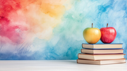 back to school concept watercolor, books with two apples, colorful background, Classic School Symbols