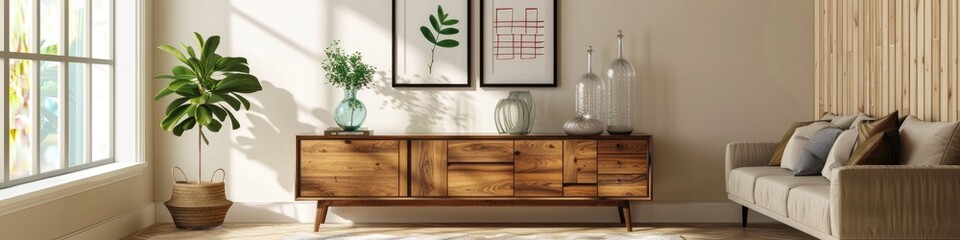 Poster - Modern Living Space Featuring a Mid-Century Wooden Chest of Drawers, Elegant Glass Vases, and a Blank Picture Frame Highlighted by a Window Silhouette