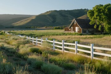 Poster - A single-story house situated in an open field, bordered by a wooden fence