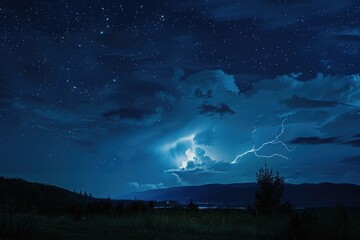 Poster - A stormy night sky with a bright lightning bolt illuminating the darkness