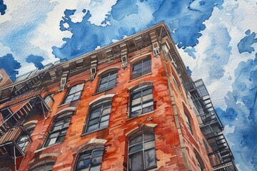 Poster - A watercolor illustration of a traditional red brick building with white trim and greenery