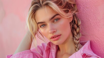 Wall Mural - Attractive young blonde female model in pink outfit with braids hairstyle 