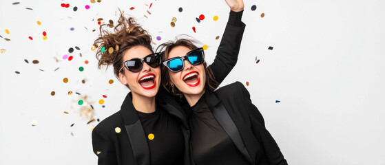 Two Women Celebrating with Confetti and Laughter in Stylish Outfits