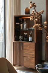 Poster - Vintage-style wooden cabinet with various bottles and a decorative vase on top