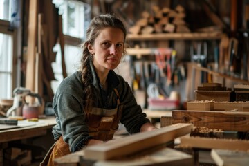 Poster - A woman works on a wooden project in a well-lit woodworking shop