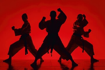 Karate practitioners in action on a red background