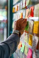 Poster - A person is pointing to a wall covered in colorful Post-it Notes, highlighting important points and ideas