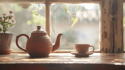 Wall Mural - Teapot and clay cup by window Close up