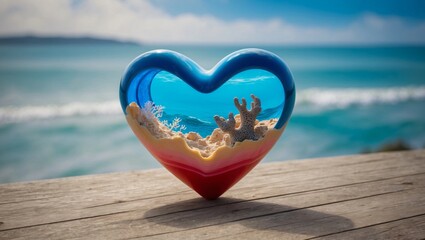 Poster - Romantic Ocean Heart: Beach Sand Art Shaped as a Heart with Oceanic Elements, Symbolizing Love and Nature's Beauty, Perfect for Valentine's Day, Wedding Proposals, and Coastal Decor