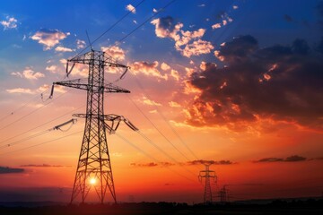 Poster - Power lines at sunset with a warm glow